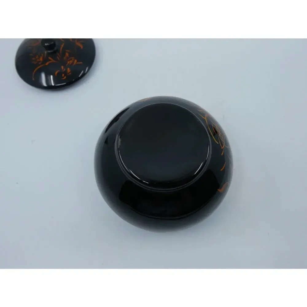 Round Lidded Lacquer Trinket Box Fancy Goldfish Hand Painted Designs Black Gloss